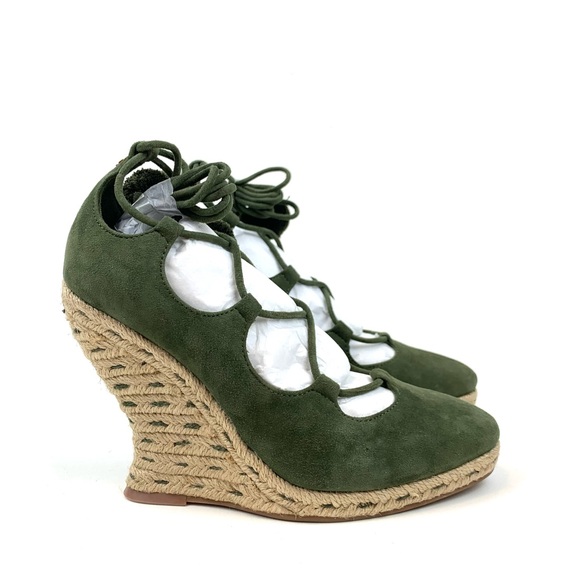 Tory Burch Heather Wedge Espadrille Green Suede Leather Lace Up Heel Size 6 - Picture 2 of 6
